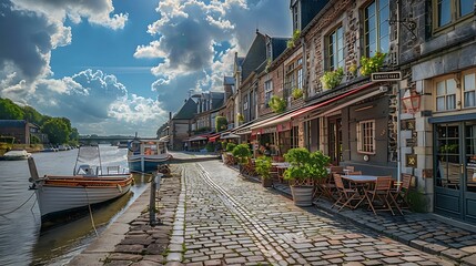Naklejka premium A quaint riverside towards houses 