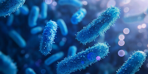 Fototapeta premium Blue bacterial microorganisms with a blurred background