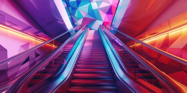 Neon escalators ascend into a colorful geometric ceiling.