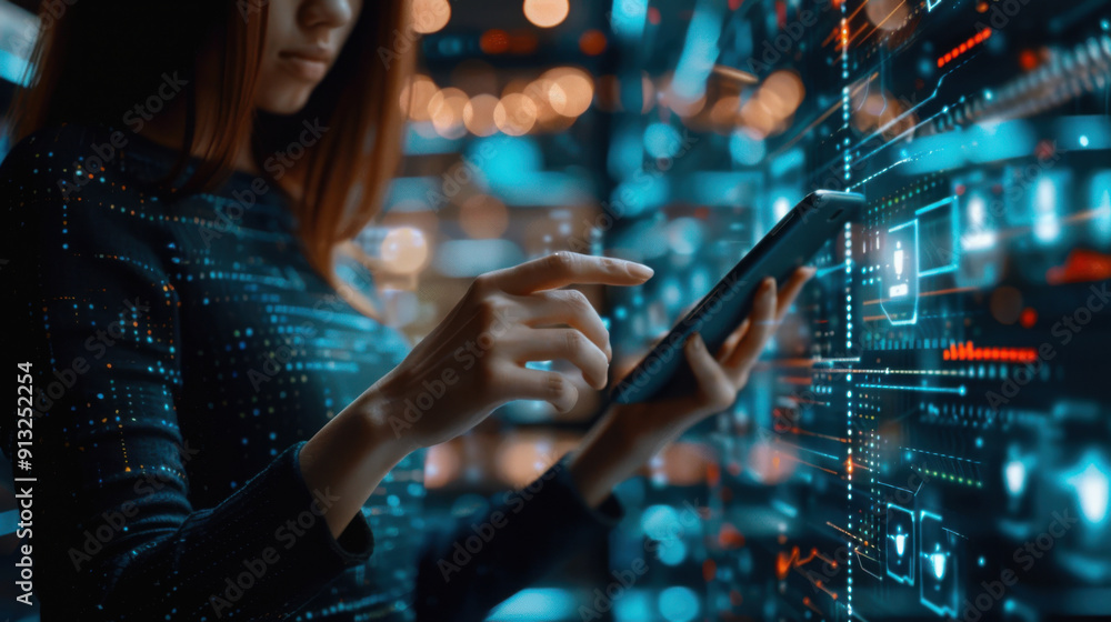 Aufkleber woman interacting with a tablet in a high-tech environment, surrounded by data and digital interface