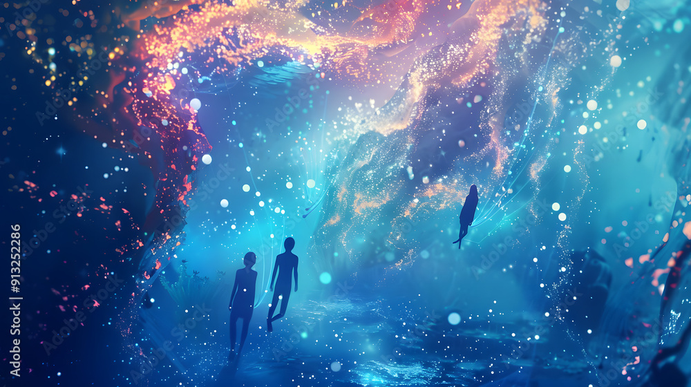 Poster luminous threads weaving through stylized figures in an underwater scene. deep sea networking metaph