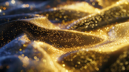 Golden Sparkles Dance Across Luxurious Black Fabric Under Soft Ambient Lighting