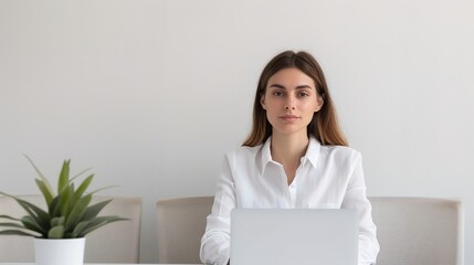 Confident Female Manager in Minimal Office Setting Working on Laptop