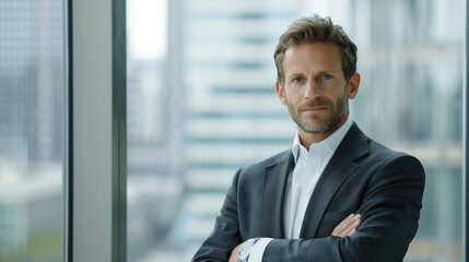 Fototapeta premium Successful Businessman in Suit Standing by Window with Ample Copy Space for Text