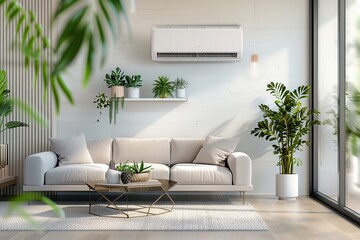 A contemporary living room features a cozy sofa, green plants, and a wall-mounted air conditioner, creating a relaxing atmosphere with abundant natural light. Generative AI