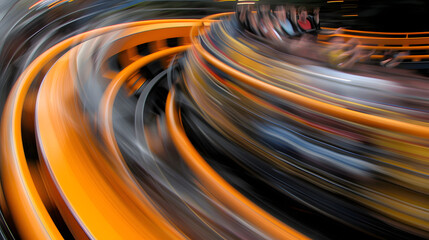 Macro shot of roller coaster wheels on a steel track with excited faces of riders blurred in motion 