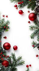 Christmas background with empty place for a text.  Christmas Border with Red Ornaments and Pine Branches
