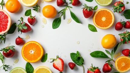 Assorted fresh fruits with leaves on white background