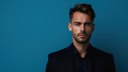 Fototapeta premium Stylish Professional Male Model Posing in High-End Fashion with Serious Expression in Studio