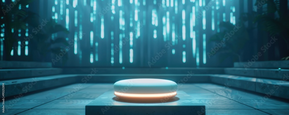 Poster a sleek, modern device illuminated in a futuristic space, surrounded by glowing patterns and calming