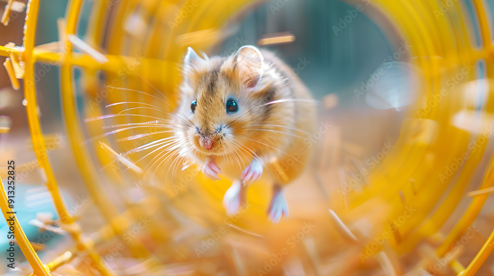 Poster macro view of hamster wheel in motion with tiny paws visible and cage bars out of focus