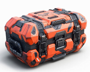 A vibrant orange cargo box showcasing intricate textures and a modern design rests prominently in a well-lit indoor space