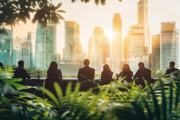 A group of business professionals looks out at a vibrant city skyline as the sun rises, casting warm light over the buildings and lush greenery
