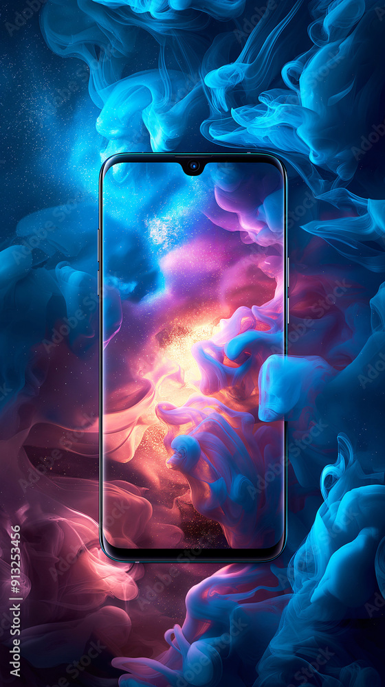 Poster a mobile phone is showcased against a dynamic backdrop of colorful smoke and swirling patterns, crea