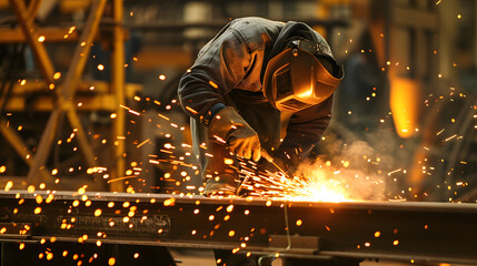 Man in protective gear welding a metal sheet in a factory setting and sparks flying. Orange background. 