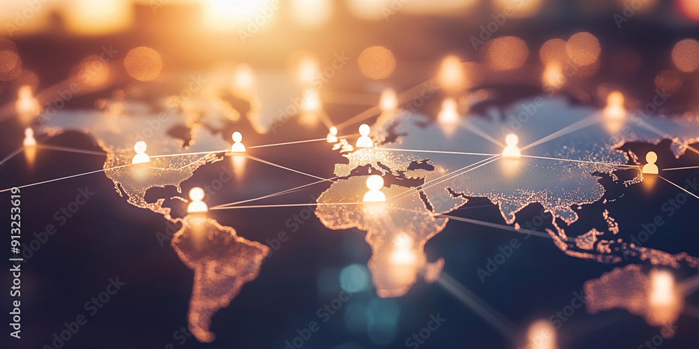 Poster a world map with glowing connections between various countries, representing global network and conn
