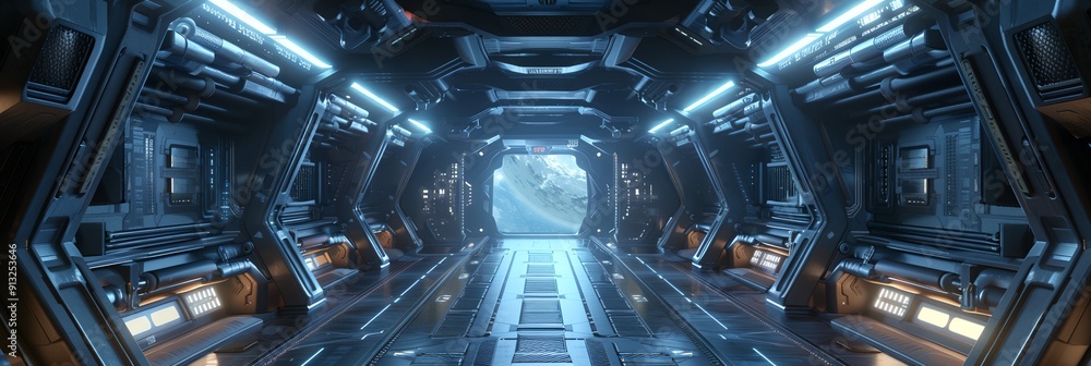 Poster a futuristic space station with a view of the planet earth. the space station is a large, open area 