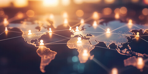 A world map with glowing connections between various countries, representing global network and connectivity