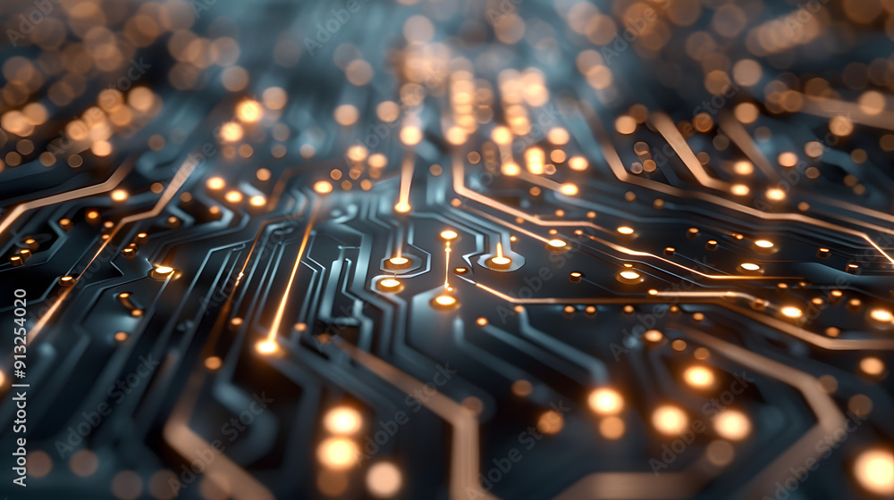 Poster microscopic view of a circuit board with chip-shaped avatars connected by electric currents.