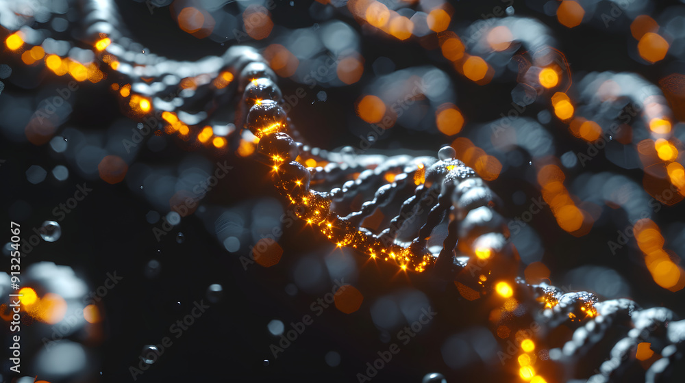 Poster microscopic view of dna helix. orange and black color scheme. cellular background.