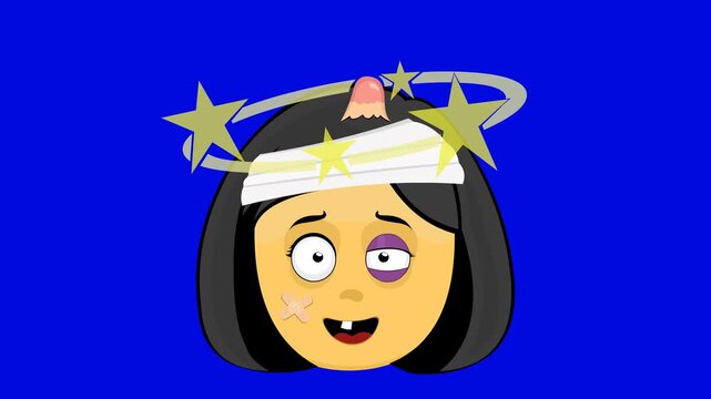video animation face woman emoticon cartoon character yellow, hurt, a black eye, with a bump and stars spinning on the head. On a blue chroma key background