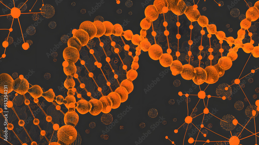 Poster microscopic view of dna helix. orange and black color scheme. cellular background.
