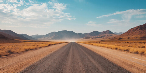 A long desert road with mountains in the background, dusty and sandy