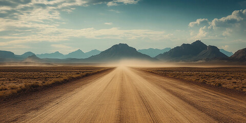 A long desert road with mountains in the background, dusty and sandy	