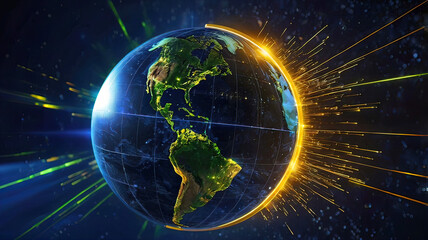 Obraz premium Digital globe with the concept of global network and communication on Earth, high-speed data transmission and cyber technology, information exchange and international communication,