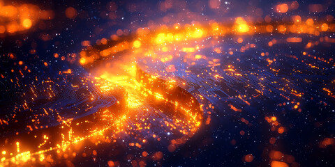 Fototapeta premium A digital abstract concept with swirling lines and a circuit pattern, symbolizing technology on a dark blue background.