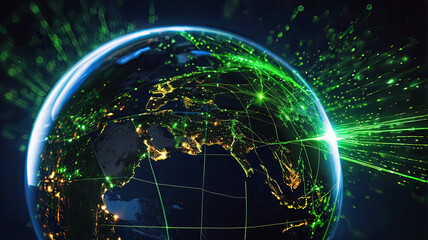 Obraz premium Digital globe with the concept of global network and communication on Earth, high-speed data transmission and cyber technology, information exchange and international communication,