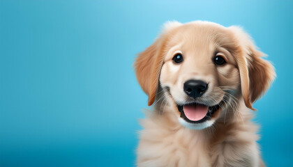  Portrait of a Happy Golden Retriever Puppy on a Light Blue Background – A portrait of a hap_1(251)
