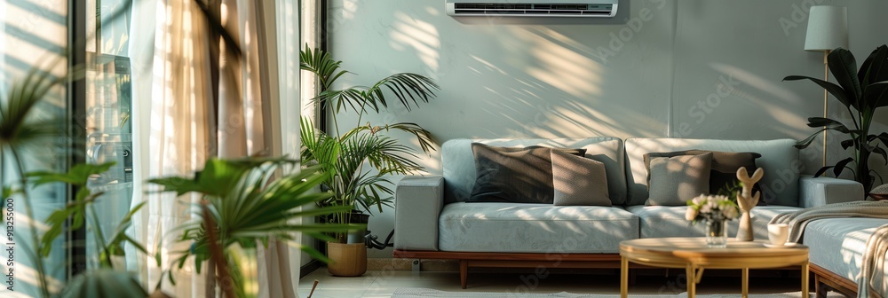 Poster A modern living room showcases natural light, plush furniture, and an air conditioner, creating a comfortable and inviting atmosphere filled with greenery. Generative AI
