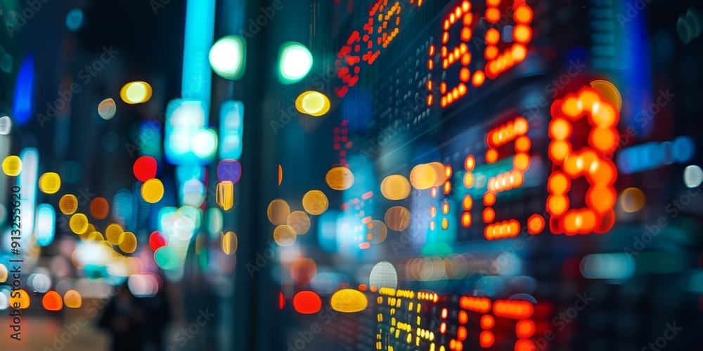 Poster a busy city street with a large screen displaying the stock market. the numbers are red and the back