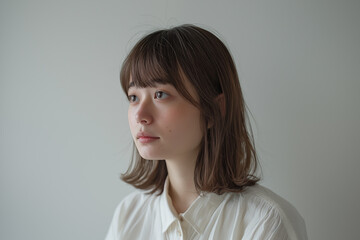 profile portrait of young Japanese woman in white shirt