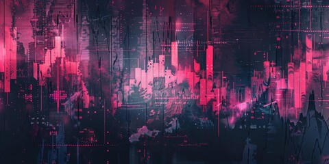 Abstract cityscape with pink and black hues.