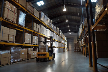 A forklift is driving through a warehouse with many boxes on the shelves. generative ai.