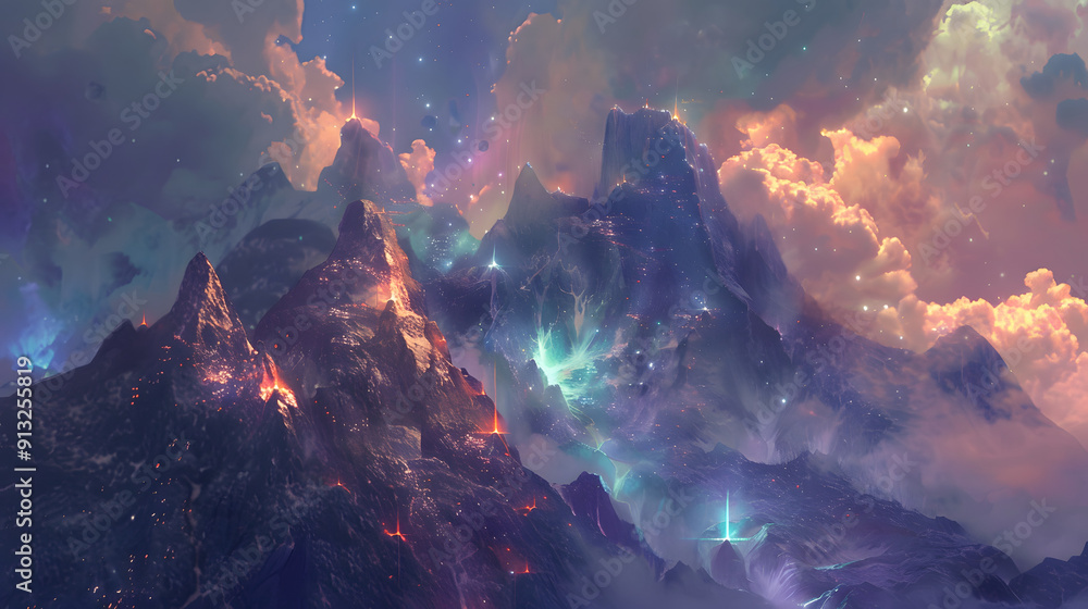 Poster mountain range with peak-top avatar beacons linked by aurora-like light bridges.