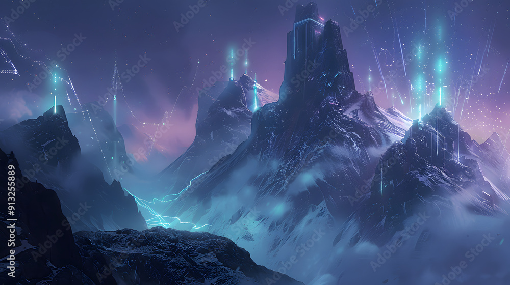 Poster mountain range with peak-top avatar beacons linked by aurora-like light bridges.