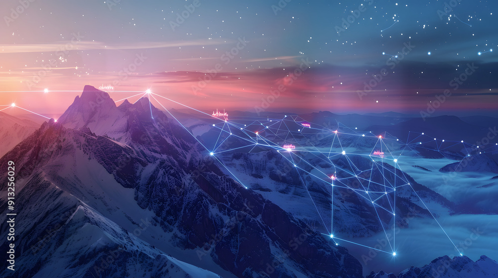 Poster mountain range with peak-top avatar beacons linked by aurora-like light bridges.