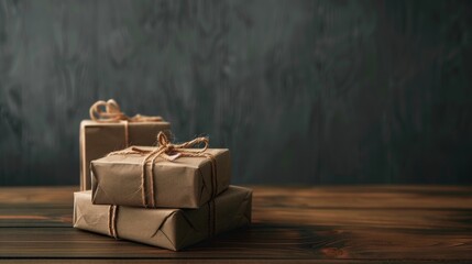 Fototapeta premium Gift boxes wrapped in brown paper with twine