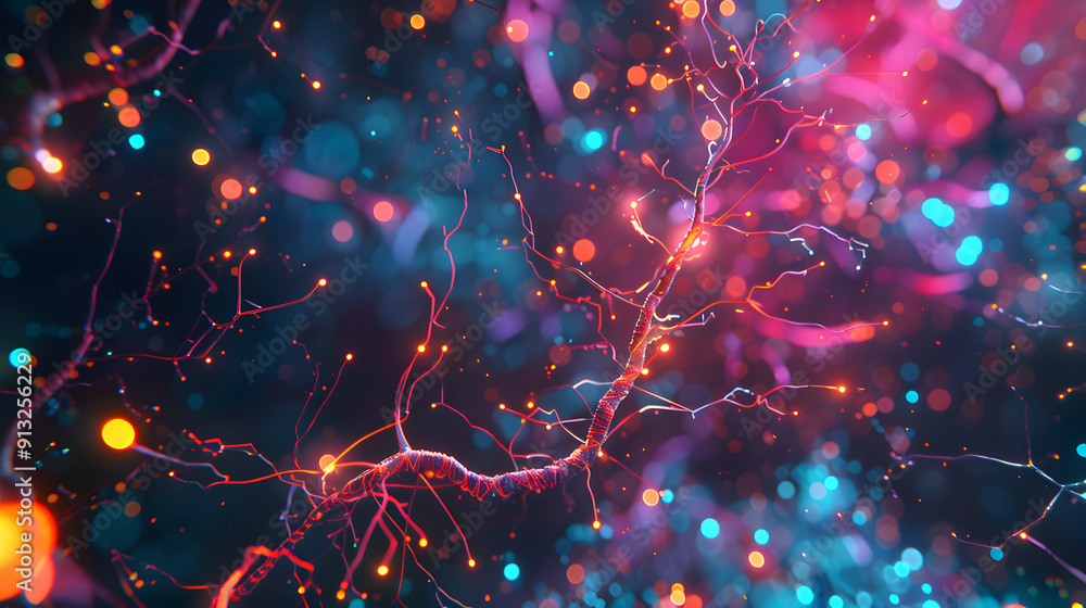 Poster neural network inside a brain with neuron-shaped avatars connected by synaptic pathways.