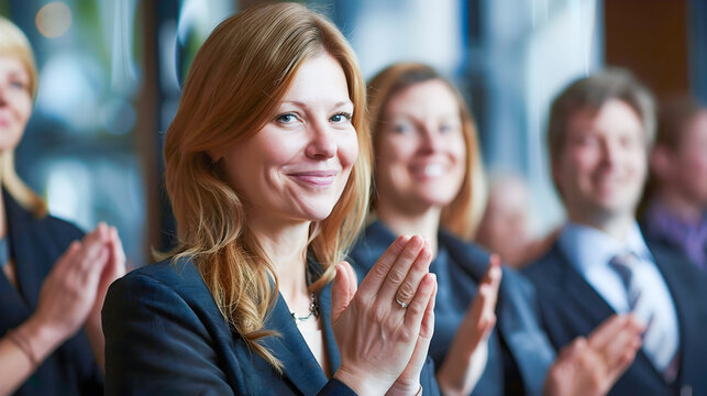 Cheerful business woman receiving enthusiastic applause from a crowd of colleagues at a corporate meeting or conference  The woman is smiling with a look of success and pride