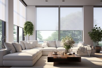 Fototapeta premium Interior roller blinds are installed in the living room, featuring white colored roller shades on the windows. Within the same room, there are also a houseplant and a sofa present.