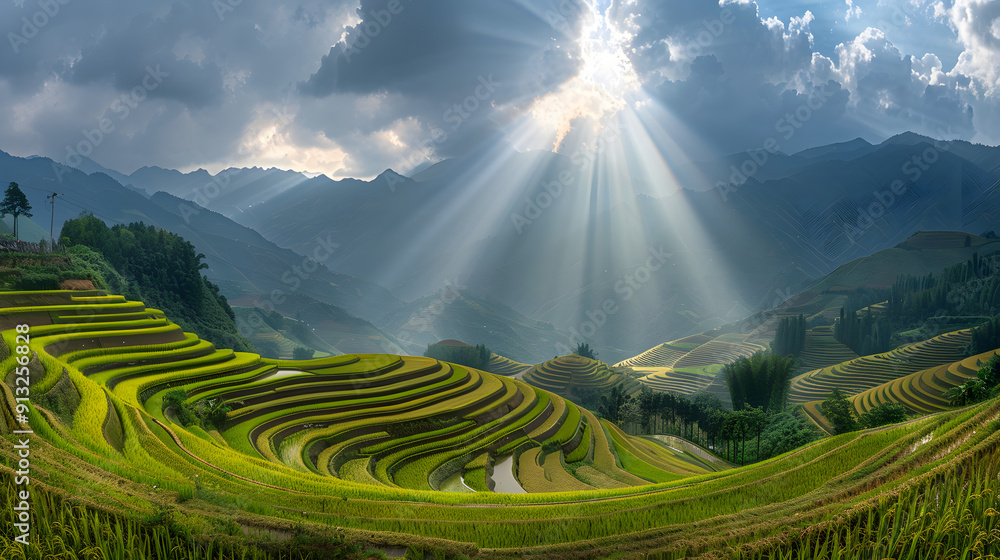 Poster panoramic view of terraced rice fields in the mountains with sunlight filtering through the clouds