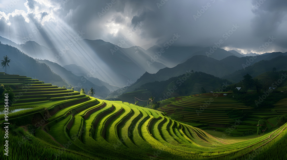 Poster panoramic view of terraced rice fields in the mountains with sunlight filtering through the clouds
