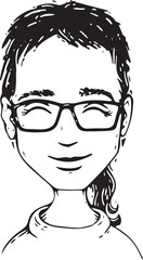 vector portrait of a guy with long hair in a ponytail and glasses for avatars, personalization and identification