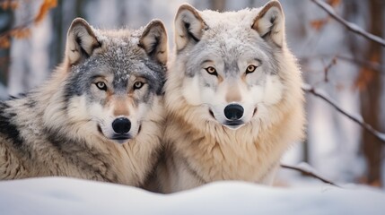 Obraz premium Two grey wolves with snow on their fur looking intensely at the camera in a snowy forest.