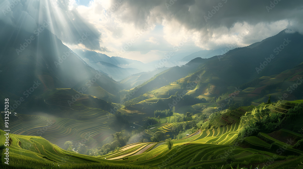 Poster panoramic view of terraced rice fields in the mountains with sunlight filtering through the clouds
