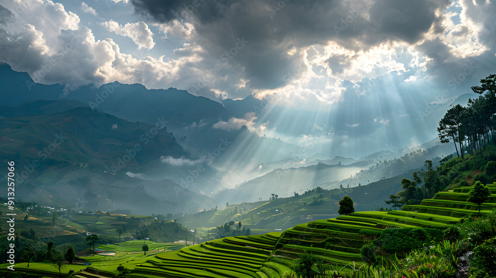 Poster panoramic view of terraced rice fields in the mountains with sunlight filtering through the clouds